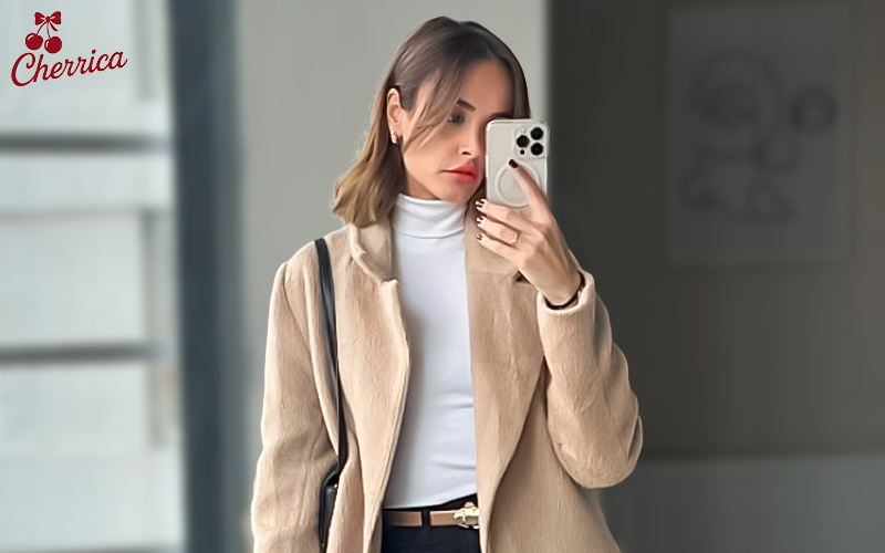 استایل پاییزی دخترونه با بلوز یقهاسکی و رنگهای بژ و زیتونی